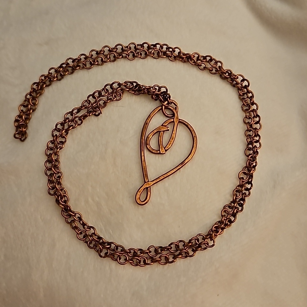 HANDMADE Copper Wire Wrapped Heart Pendant Long Chain Necklace - Picture 3 of 6